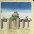 Illuminated manuscript page showing a walled medieval city with towers and a hilltop castle
